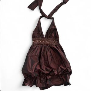 EUC BCBGeneration Rich Brown Ruched Beaded Deep V Halter Backless Dress Small